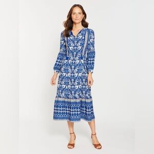 J. McLaughlin Gilda Midi Dress in Folk Floral Border blue and white Size S